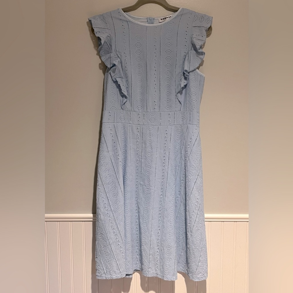 Light Blue Eyelet Midi Dress with Ruffle Sleeves